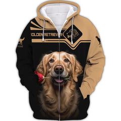 Beautiful Golden Retriever With Flower Personalized Name 3D Zipper Hoodie