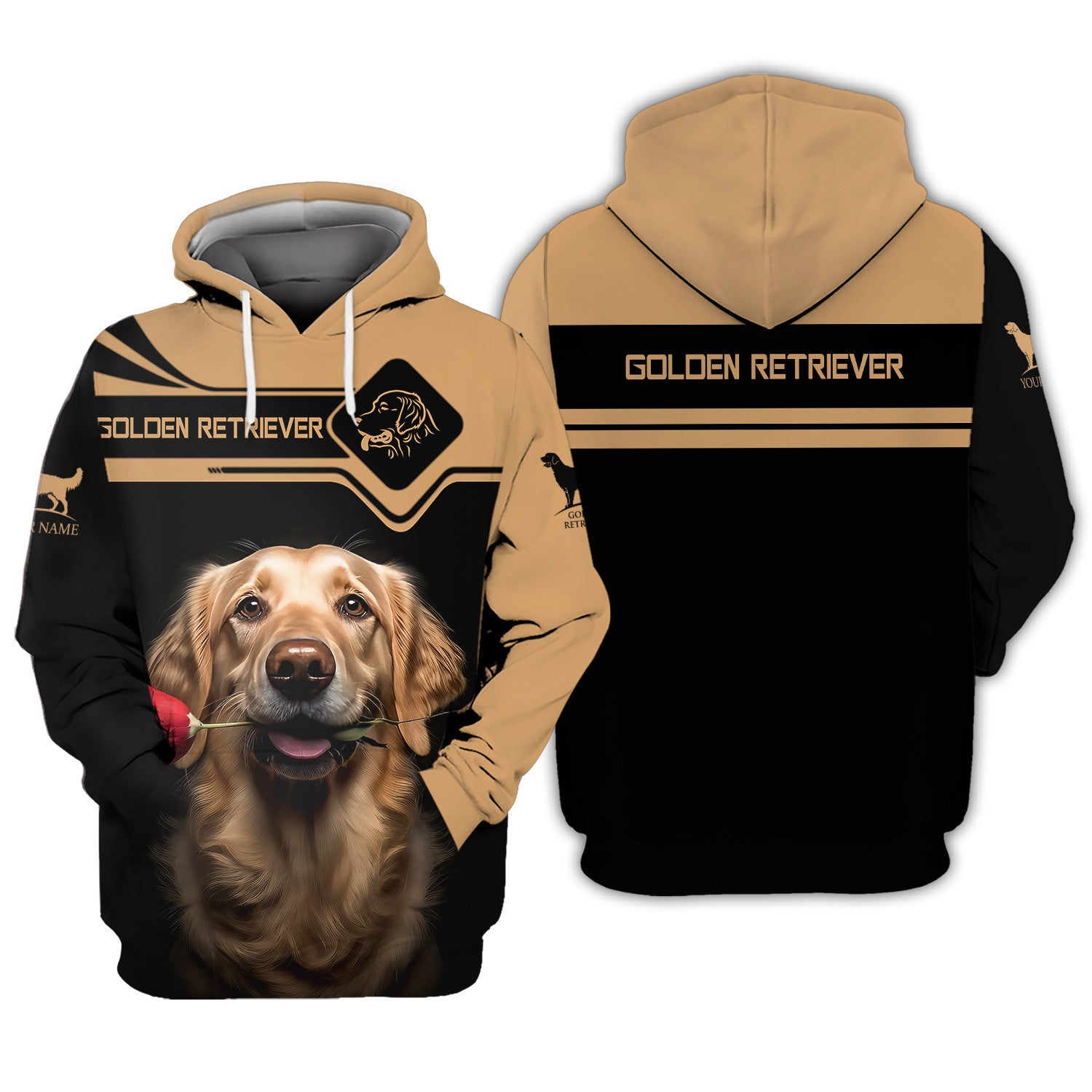 Beautiful Golden Retriever With Flower Personalized Name 3D Zipper Hoodie