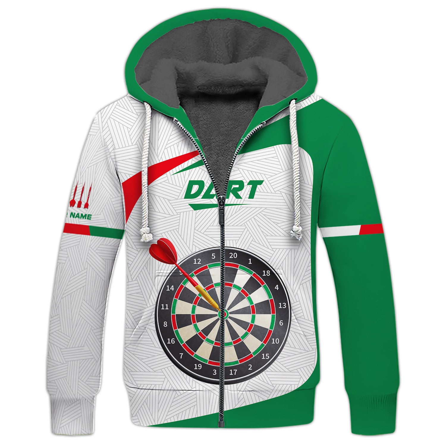 Love Darts Green Design Custom Name 3D Zipper Hoodie