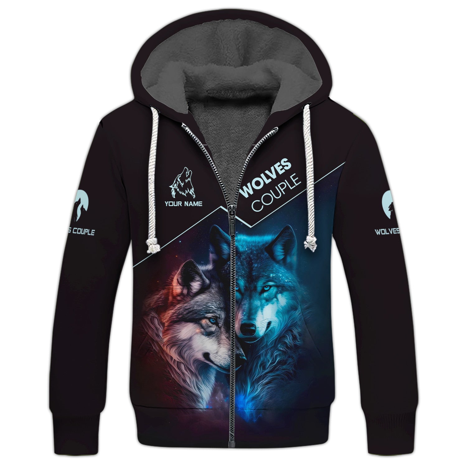 Wolf Couple Personalized Name 3D Zipper Hoodie for Men Women 3D Full Print Zipper Hoodie