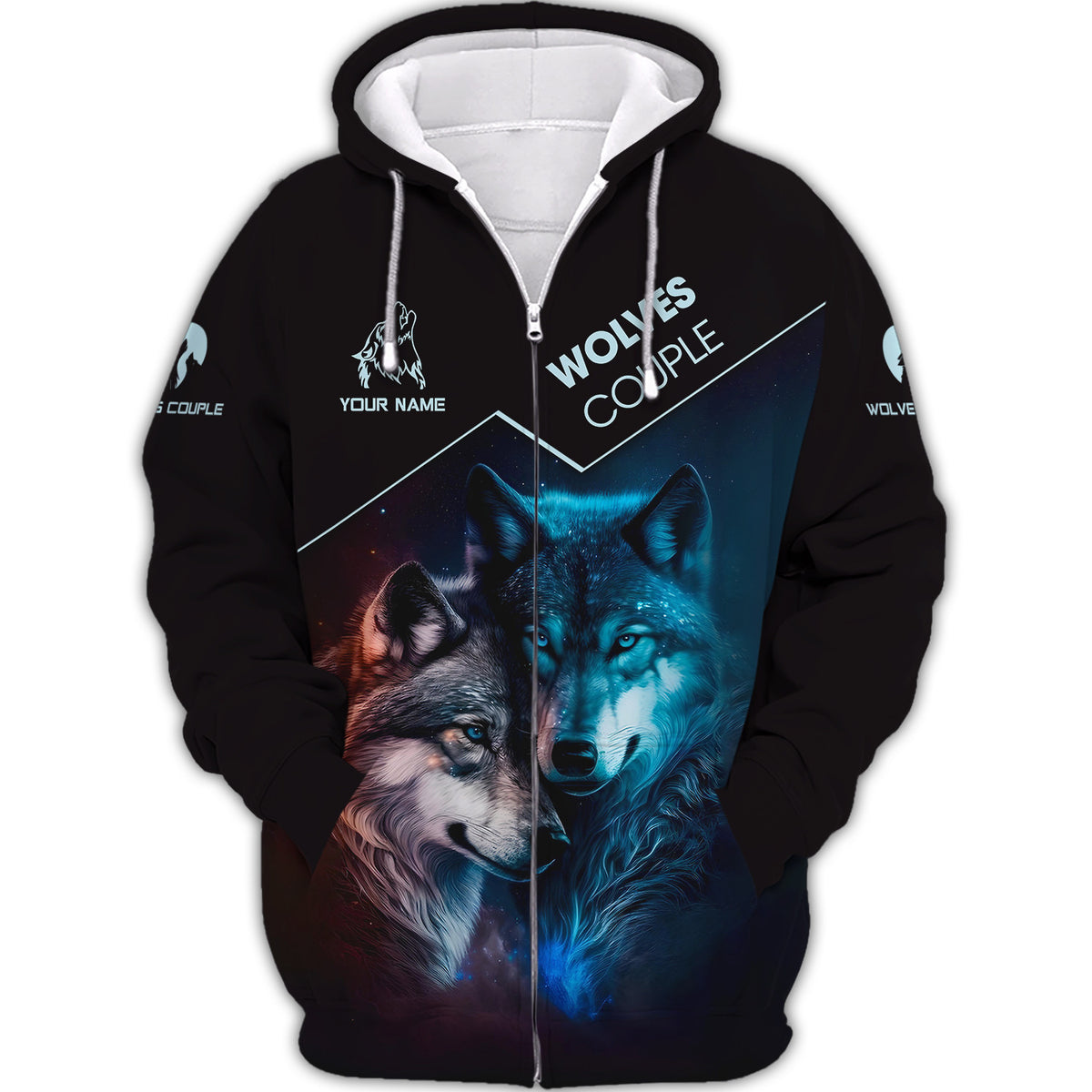 Wolf Couple Personalized Name 3D Zipper Hoodie for Men Women 3D Full Print Zipper Hoodie