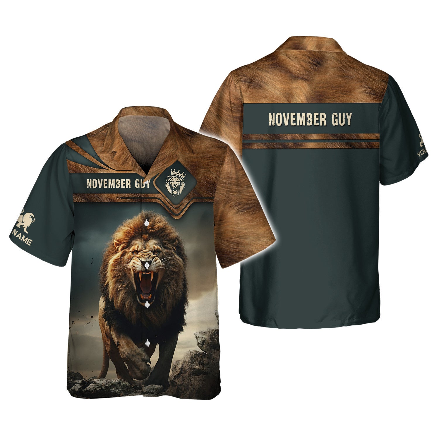 November Guy Personalized Name Roaring Lion in Mountains Shirts