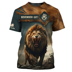 November Guy Personalized Name Roaring Lion in Mountains Shirts