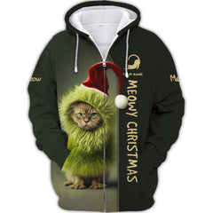 Grinchy Cat Personalized Name 3D Zipper Hoodie Christmas Gift For Woman And Men