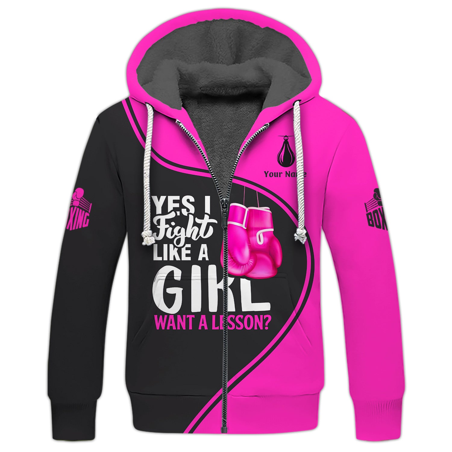 Boxing Customize  Name 3D Zipper Hoodie Pink Gloves Gift For Boxing Lovers