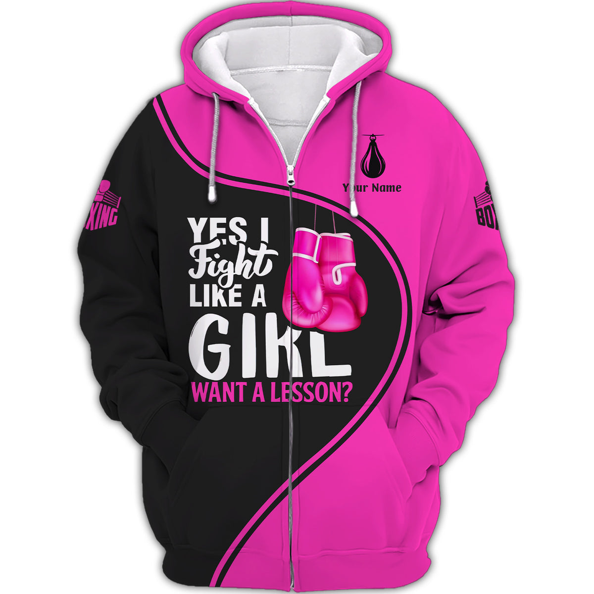 Boxing Customize  Name 3D Zipper Hoodie Pink Gloves Gift For Boxing Lovers