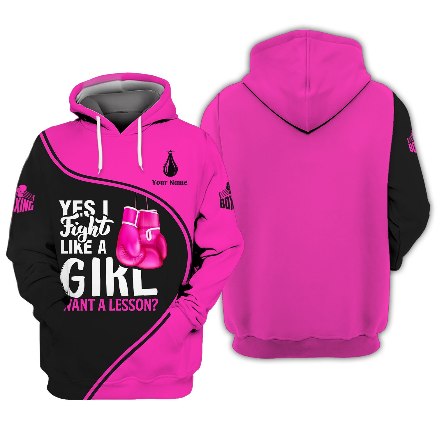 Boxing Customize  Name 3D Zipper Hoodie Pink Gloves Gift For Boxing Lovers