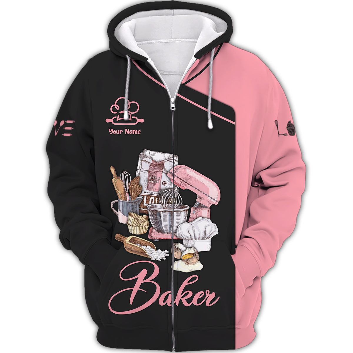 Baking Lover Zipper Hoodie Baker Personalized Name 3D Zipper Hoodie Gift For Men And Women