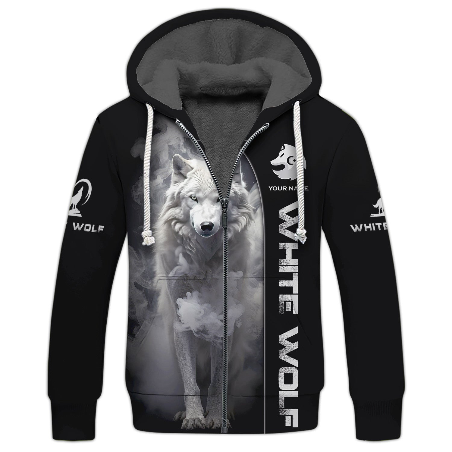 Custom Name 3D White Wolf Zipper Hoodie Personalized Gift For Wolf Lovers