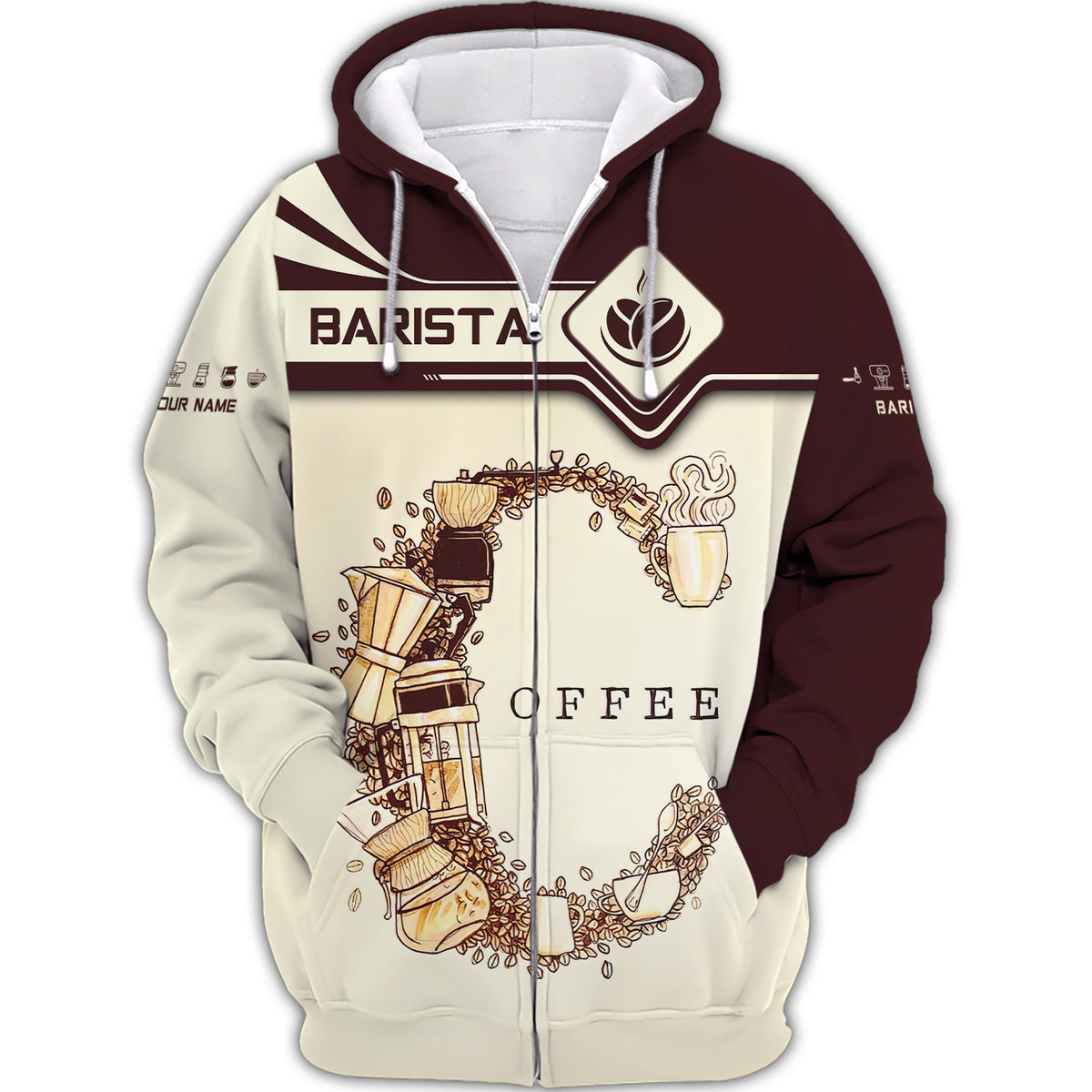 Personalized Name 3D Barista Zipper Hoodie Coffee Pattern Gift For Barbers