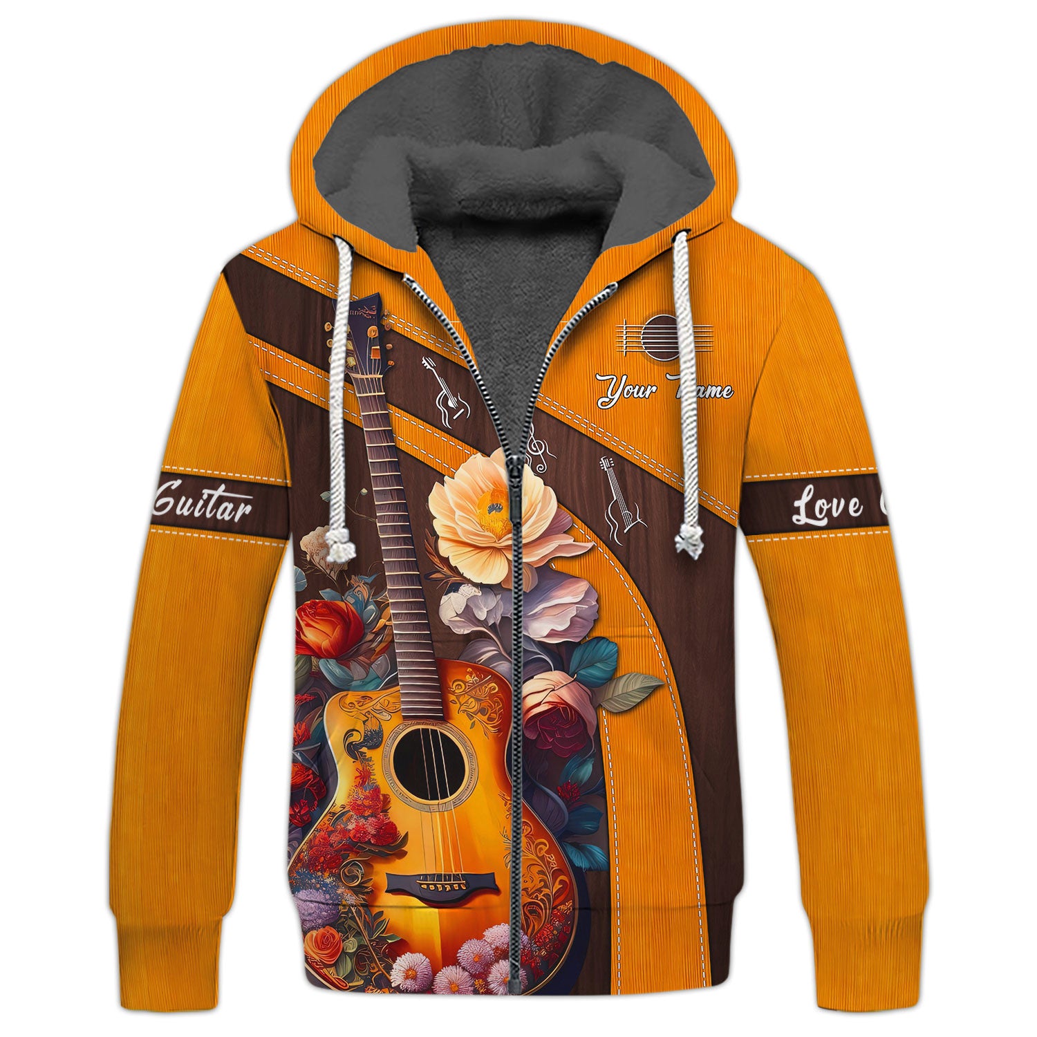 Beautiful Flower & Guitar Personalized Name 3D Zipper Hoodie Custom Guitar Shirts