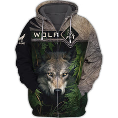 Wolf In the Grass Custom Name 3D Zipper Hoodie Gift For Wolf Lovers