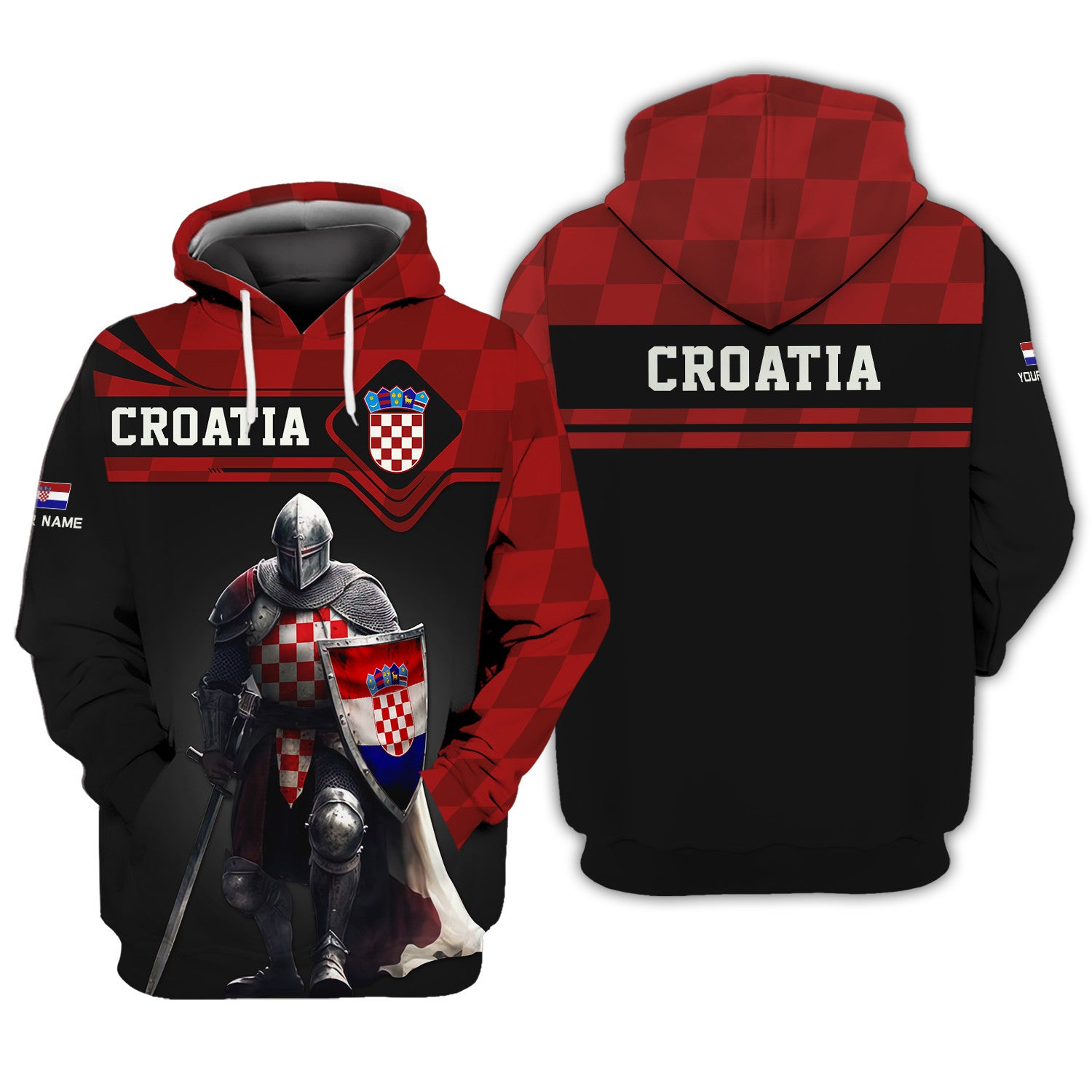 Custom Name 3D Knight Croatia Zipper Hoodie Personalized Gift For Croatia Lovers