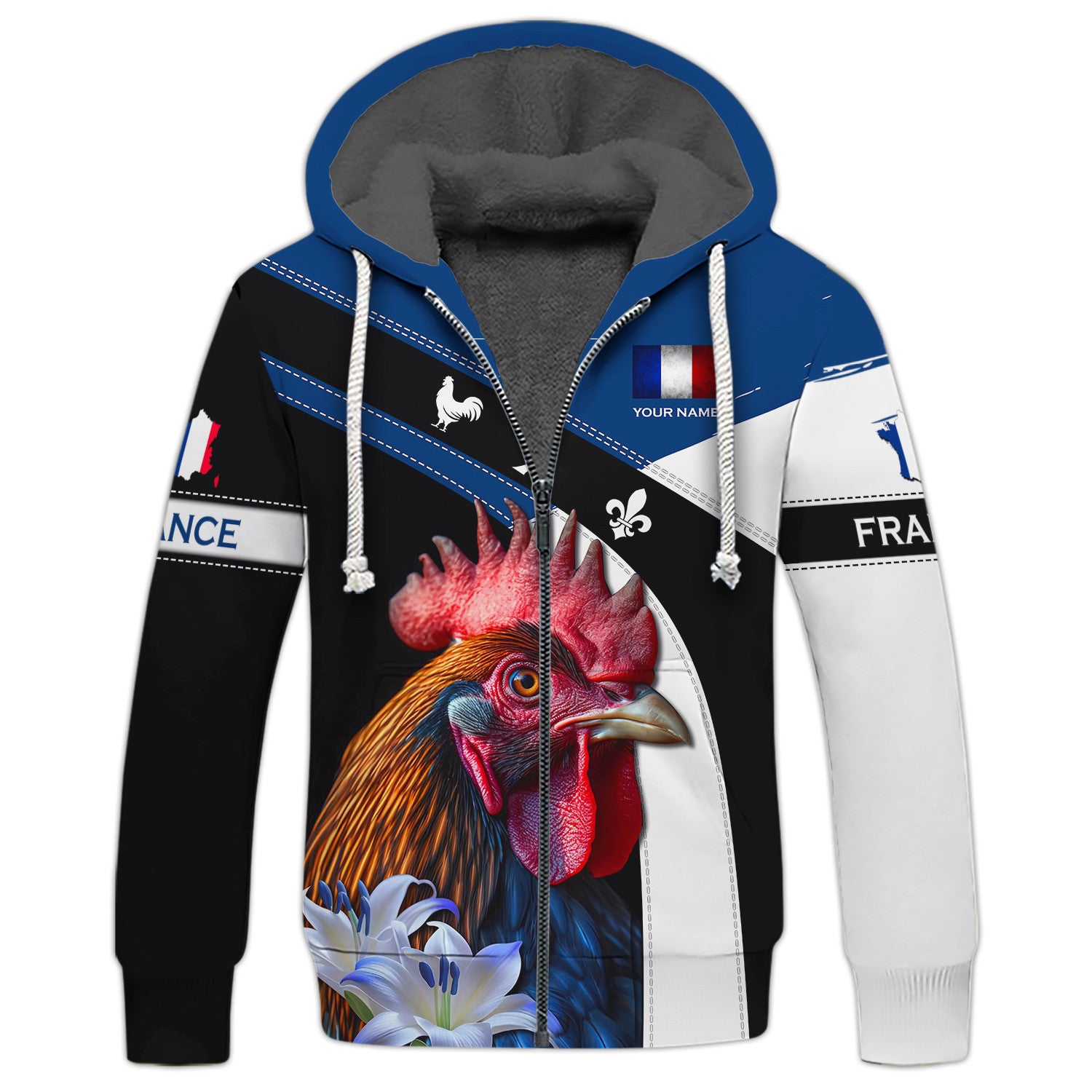 Custom Name 3D France Zipper Hoodie Rooster With Flower Personalized Gift For France Lovers