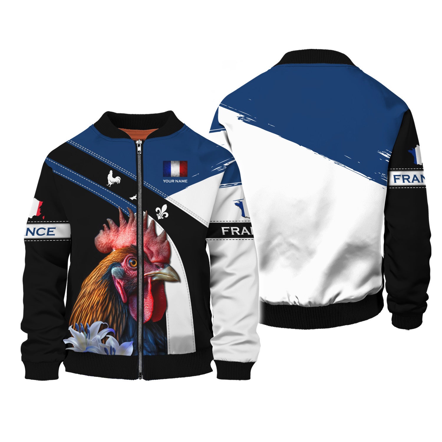 Custom Name 3D France Zipper Hoodie Rooster With Flower Personalized Gift For France Lovers