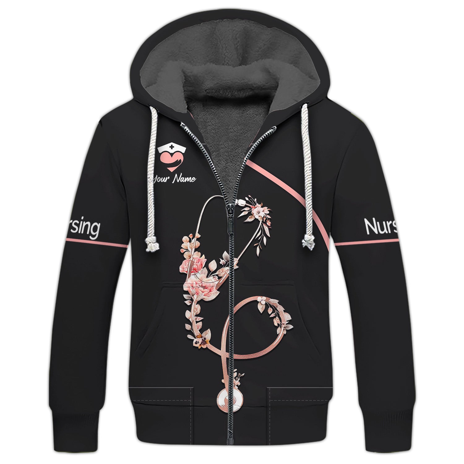 Flower Nursing Zipper Hoodie Custom Name 3D Nurse Zipper Hoodie Gift For Men And Woman