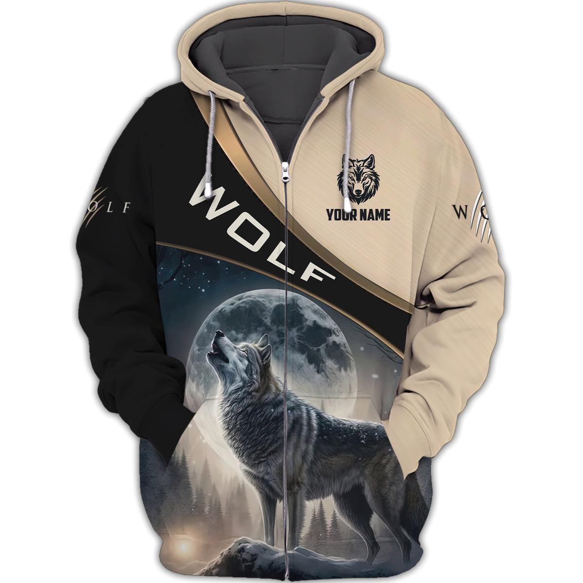 Moon Light Wolf 3D Custom Name Zipper Hoodie Personalized Gift For Wolf Lovers