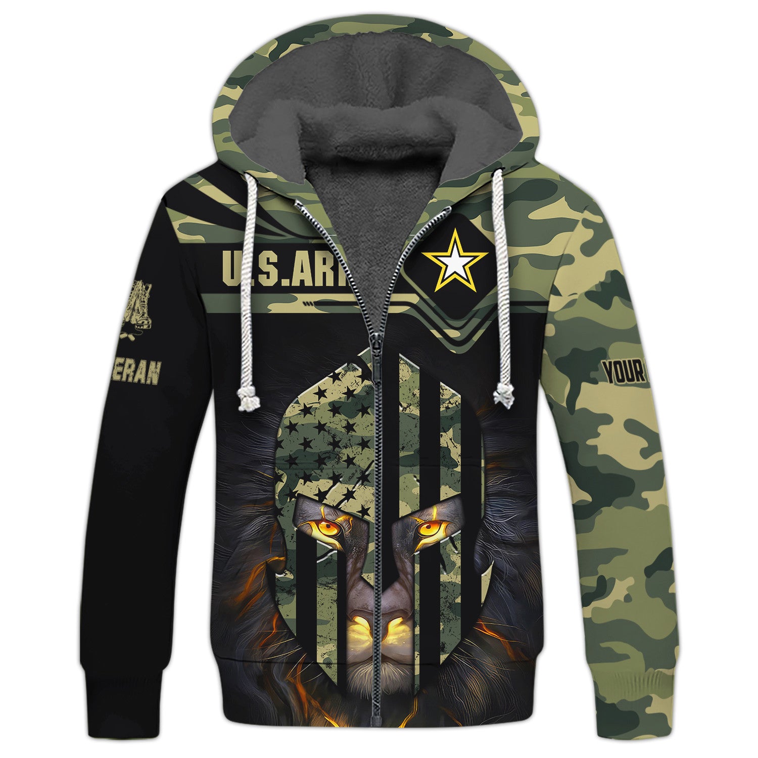 US Army Lion Veteran Personalized Name 3D Zipper Hoodie Gift For Veterans