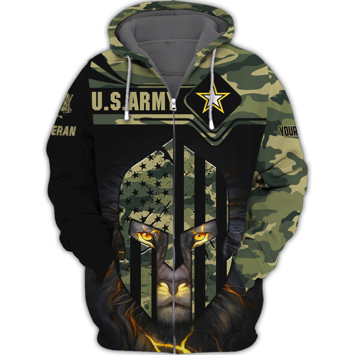 US Army Lion Veteran Personalized Name 3D Zipper Hoodie Gift For Veterans