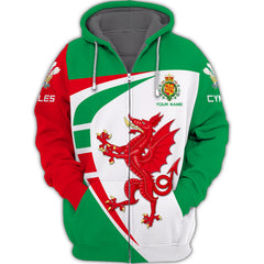 Cymru Personalized Name Wales Zipper Hoodie Custom Gift For Wales Lovers