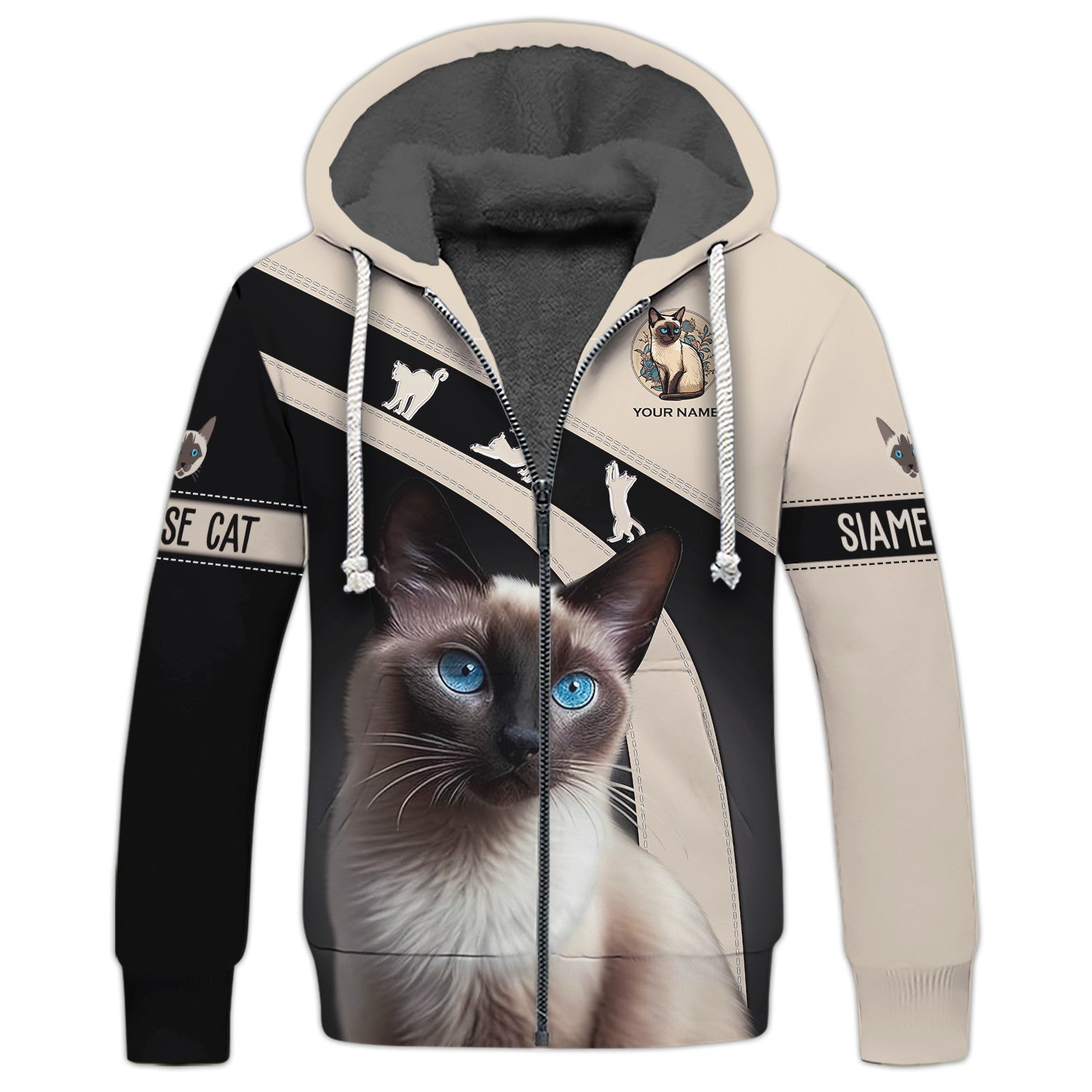 Siameses Cat Personalized Name 3D Zipper Hoodie Gift For Siameses Cat Lovers