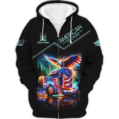 American Trucker Custom Name 3D Zipper Hoodie Personalized Gift For Truckers