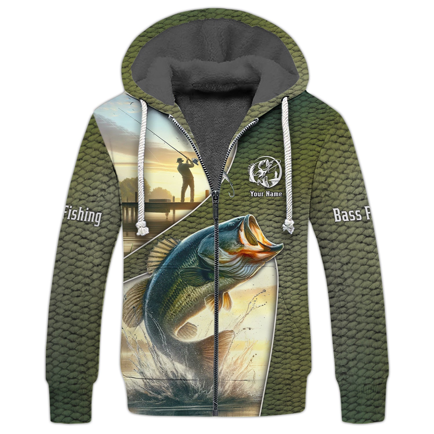 Bass Fishing 3D Full Print Personalized Name Zipper Hoodie Custom Gift For Bass Fishing Lovers