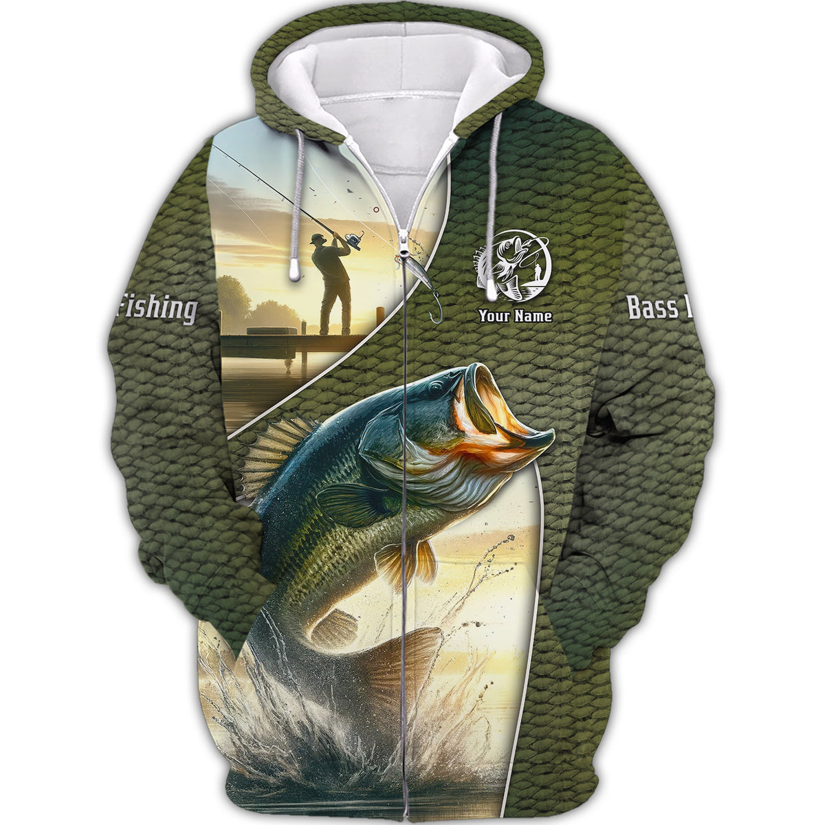 Bass Fishing 3D Full Print Personalized Name Zipper Hoodie Custom Gift For Bass Fishing Lovers