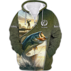 Bass Fishing 3D Full Print Personalized Name Zipper Hoodie Custom Gift For Bass Fishing Lovers