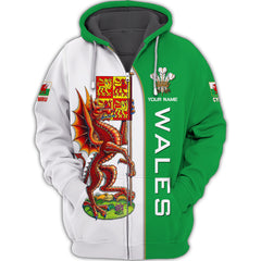 Unisex Wales Zipper Hoodie Custom Name 3D Wales Zipper Hoodie Gift For Wales Lovers