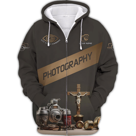 Jesus Camera 3D Zipper Hoodie Photography Zipper Hoodie Black & Gold