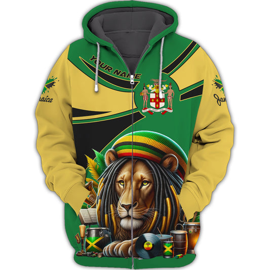 Lion Jamaica Personalized Name 3D Zipper Hoodie Custom Gift For Jamaica Lovers