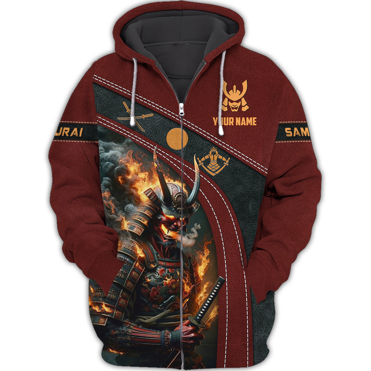 3D Full Print Samurai Zipper Hoodie Fire Samurai Zipper Hoodie Custom Name Gift For Samurai Lovers