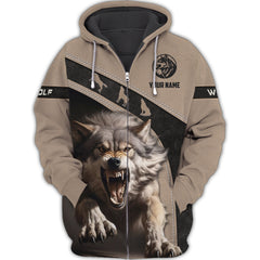 Angry Wolf Personalized Name 3D Zipper Hoodie Custom Gift For Wolf Lovers