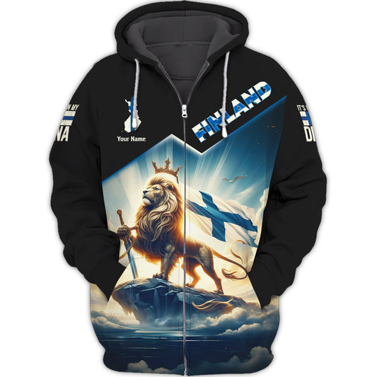 Lion King Finland With Sword Personalized Name 3D Zipper Hoodie