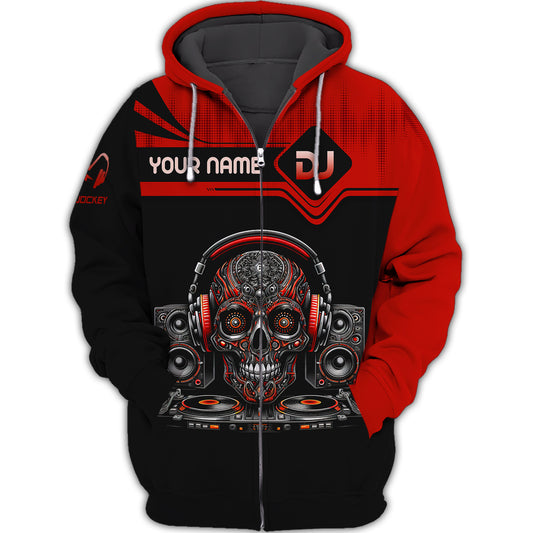 Disc Jockey Skull Custom Name Zip Hoodie Personalized Gift For DJ Lovers