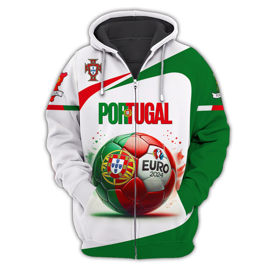 Portugal Euro 2024 Custom Name 3D Zipper Hoodie Personalized Gift For Portugal Fans