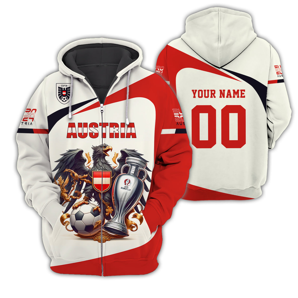 Austria Euro 2024 Personalized Name 3D Zipper Hoodie Custom Gift For Austria Fans