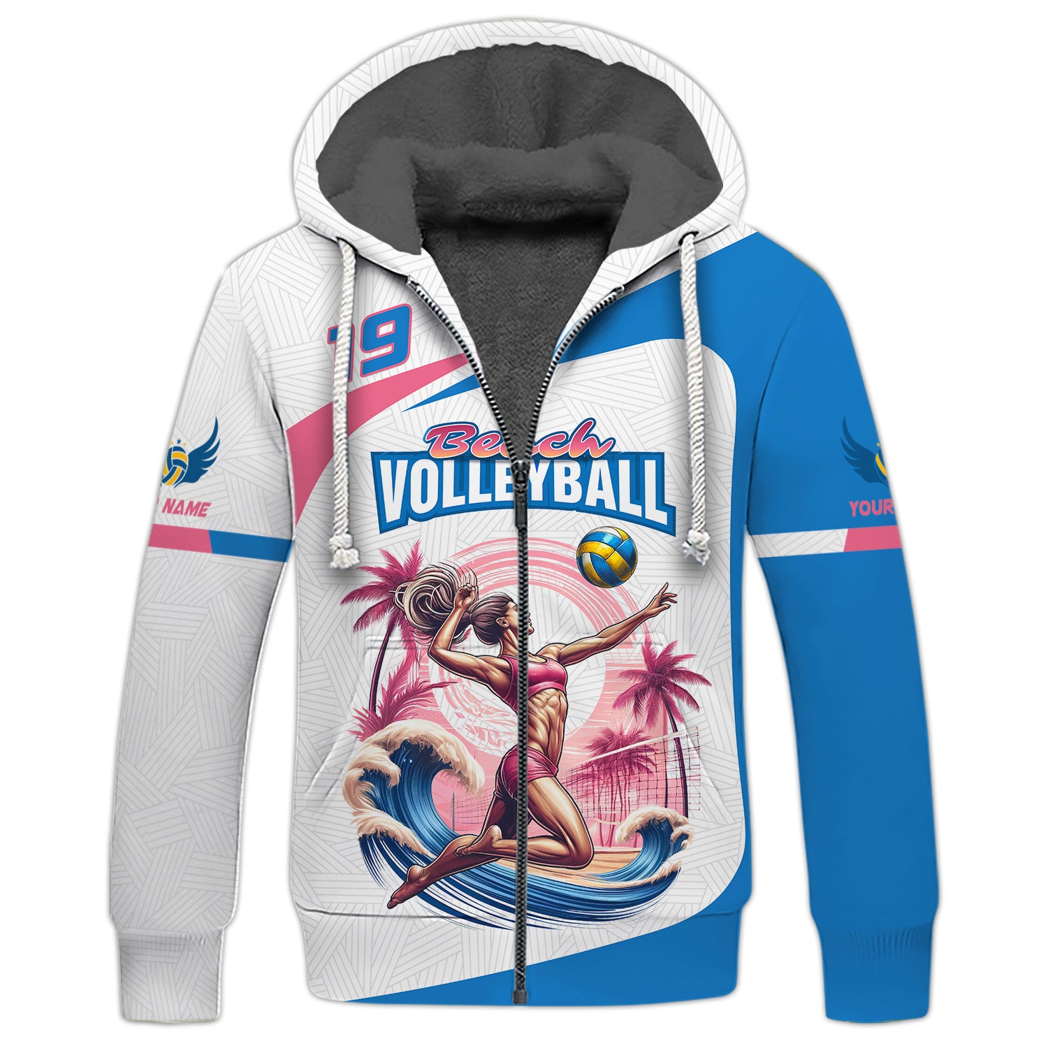 Beach Volleyball Custom Name & Number Personalized Name 3D Volleyball Zipper Hoodie