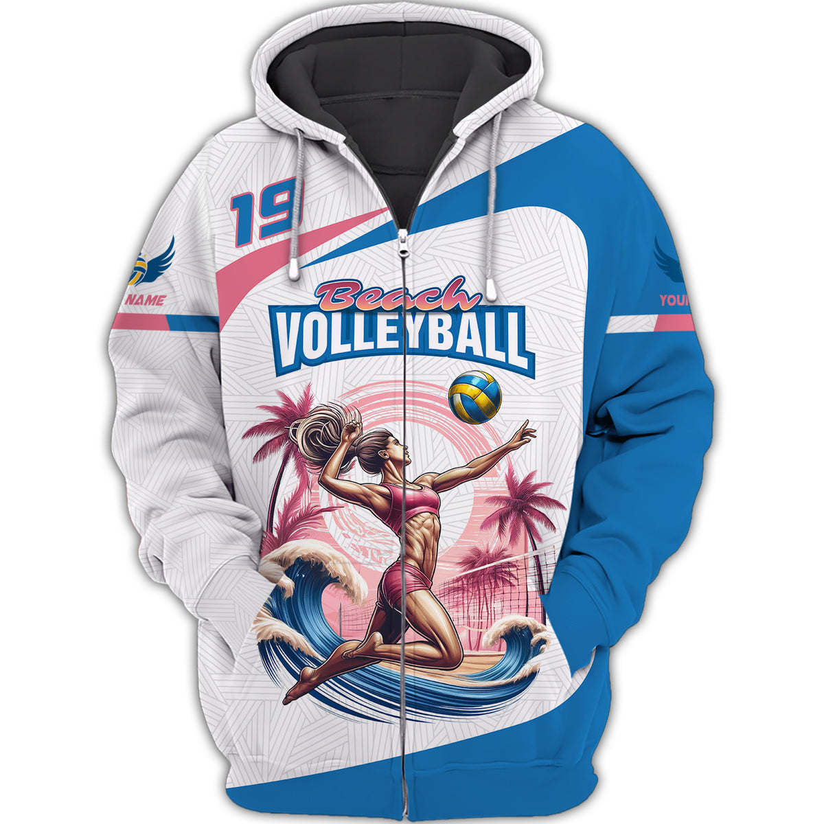 Beach Volleyball Custom Name & Number Personalized Name 3D Volleyball Zipper Hoodie