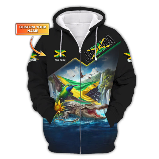 Personalized Jamaica Pride Zipper Hoodie Crocodile And Hummingbird Of Jamaica Gif For Jamaican Lover