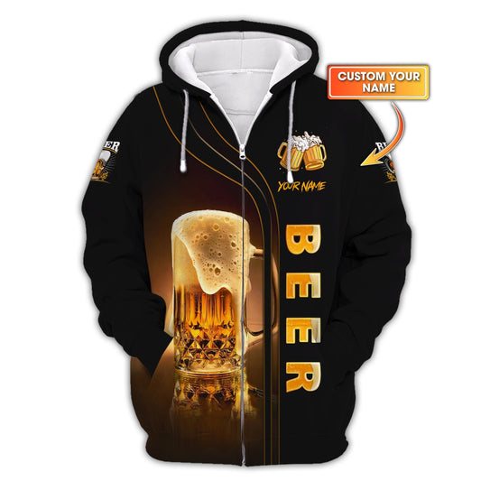 Love Beer 3D Custom Name Zipper Hoodie Personalized Gift For Beer Lovers