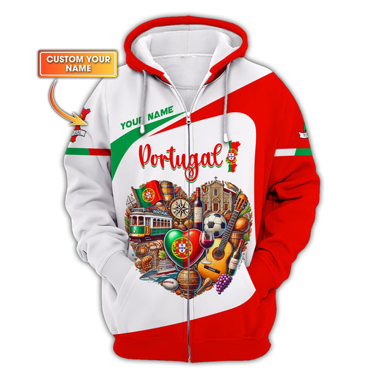 Portugal Heart Custom Name 3D Zipper Hoodie Personalized Gift For Portuguese Lovers