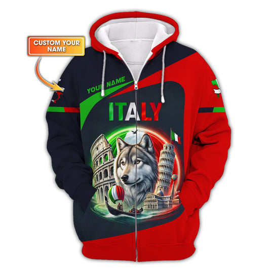 Italy Custom T-Shirts The Wolf And Famous Symbols of Italy 3D Zipper Hoodie Gif For Italian Lover