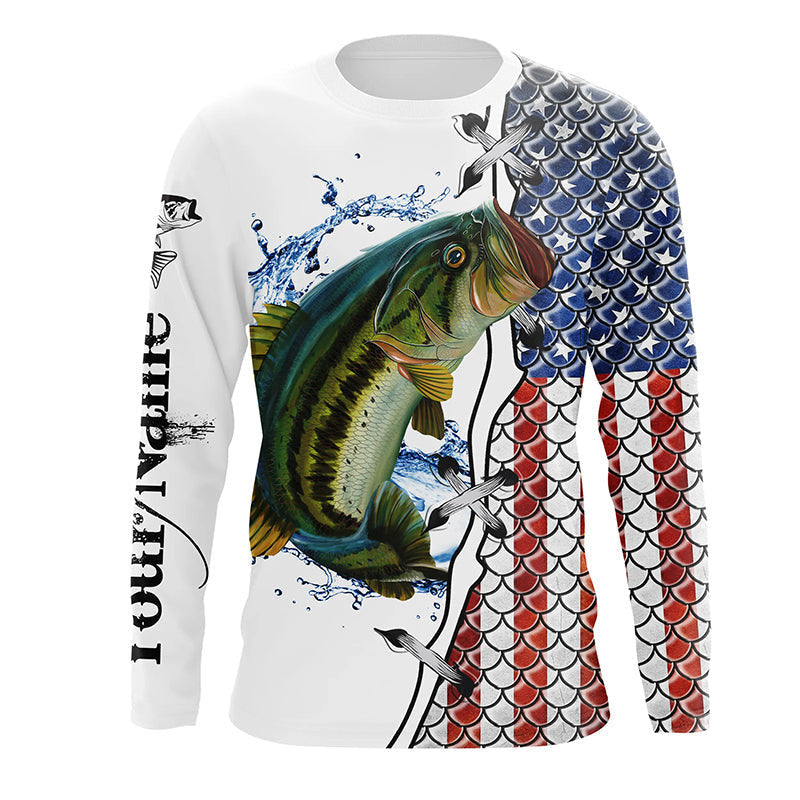 American Flag Largemouth Bass Patriotic Fishing Customize Name 3D Shirts