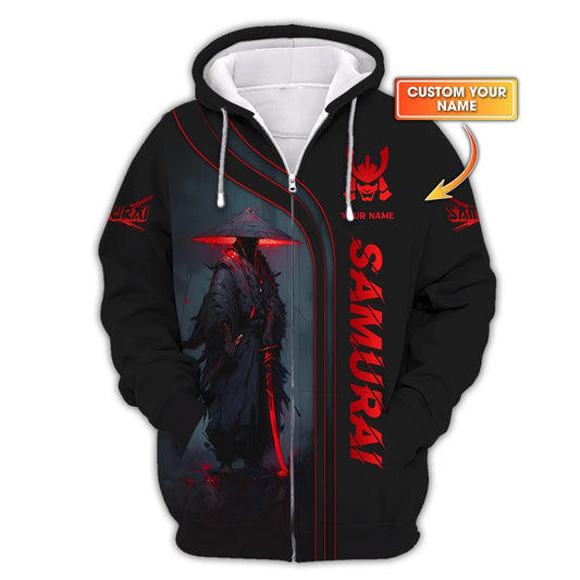 Black & Red Light Samurai Personalized Name 3D Zipper Hoodie Custom Gift For Samurai Lovers