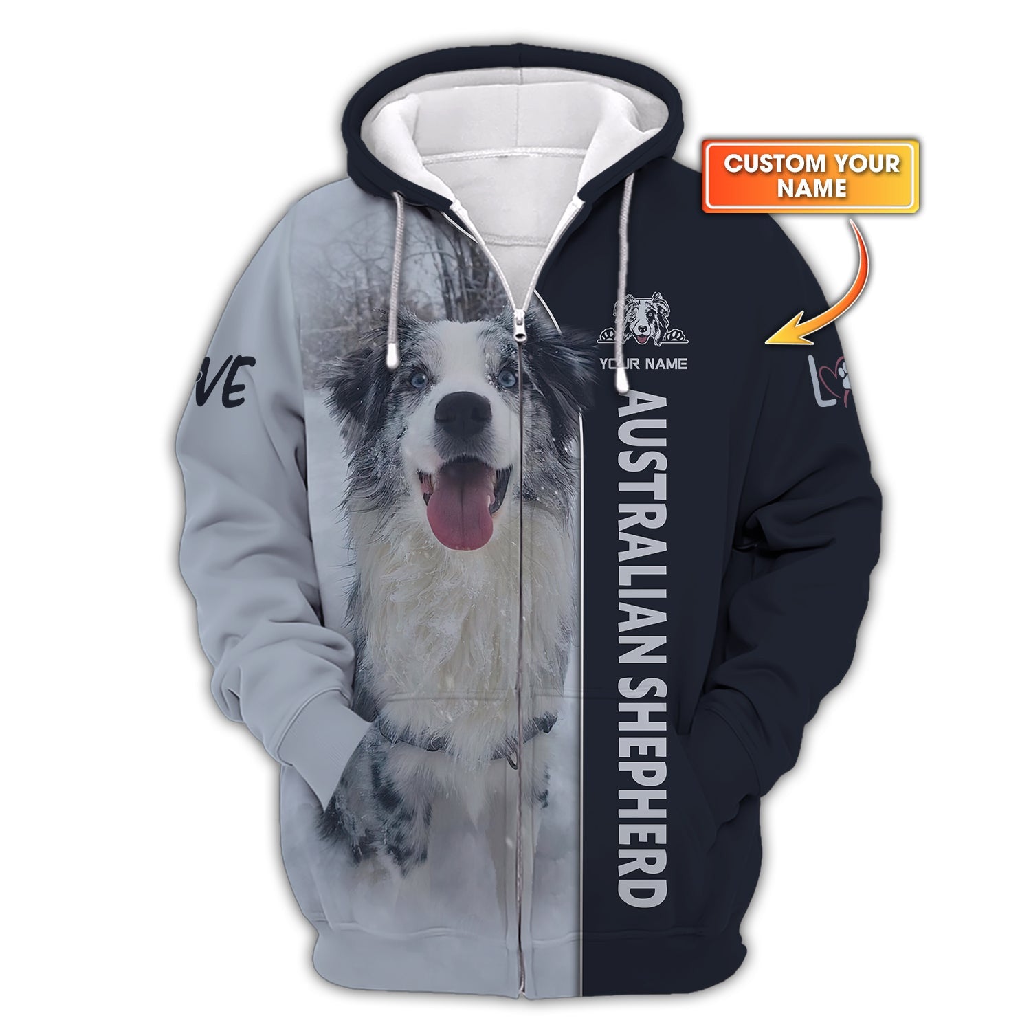 Australian Shepherd Custom Name 3D Zipper Hoodie Gift For Dog Lovers