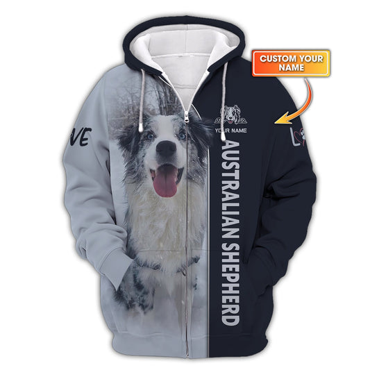 Australian Shepherd Custom Name 3D Zipper Hoodie Gift For Dog Lovers