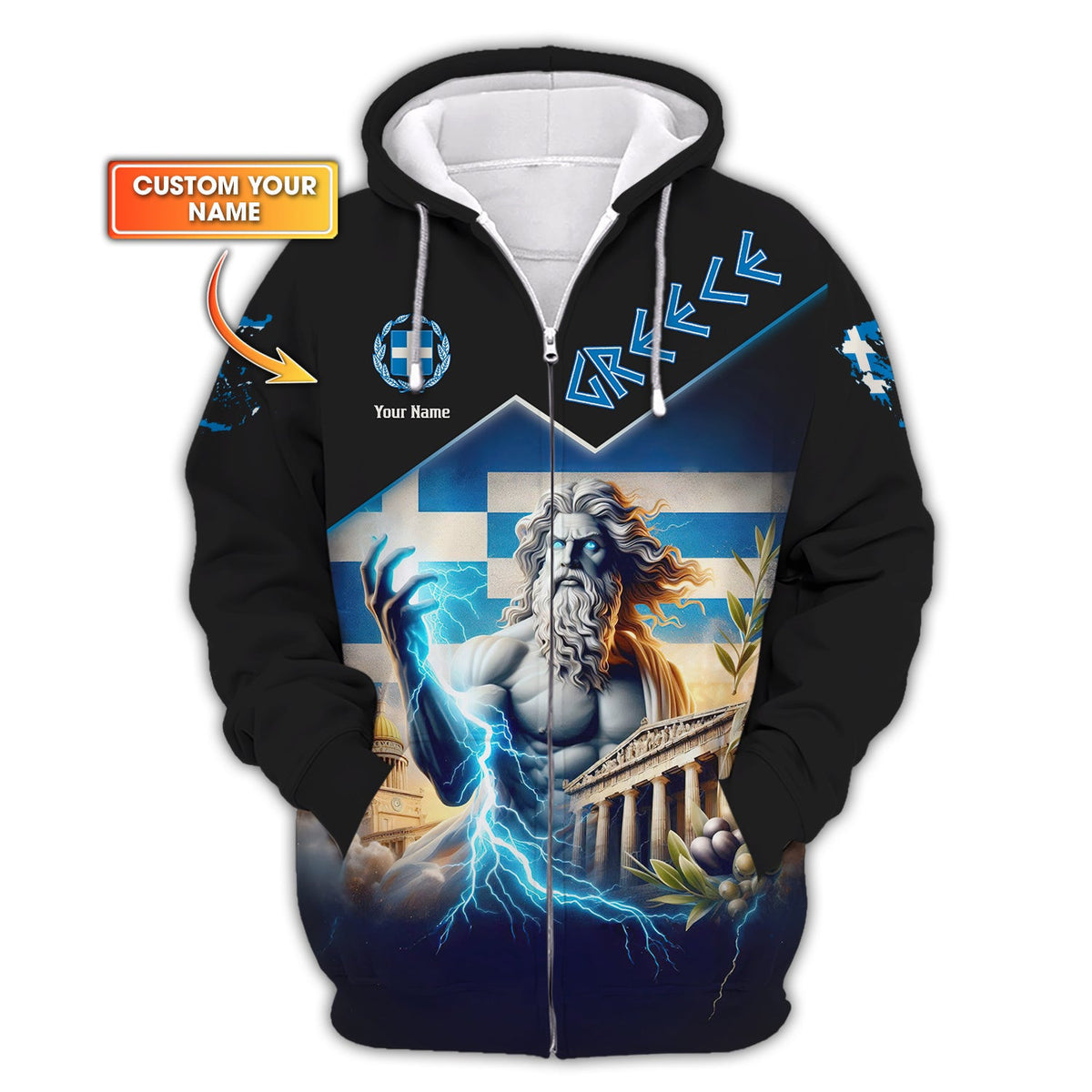 3D Full Print Zeus Greece Zipper Hoodie Personalized Name Gift For Greek Lovers