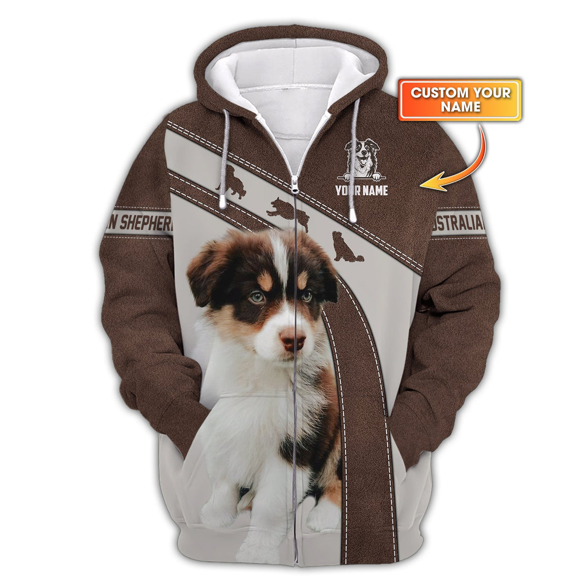 3D Full Print Australian Shepherd Zipper Hoodie Personalized Name Gift For Dog Lovers